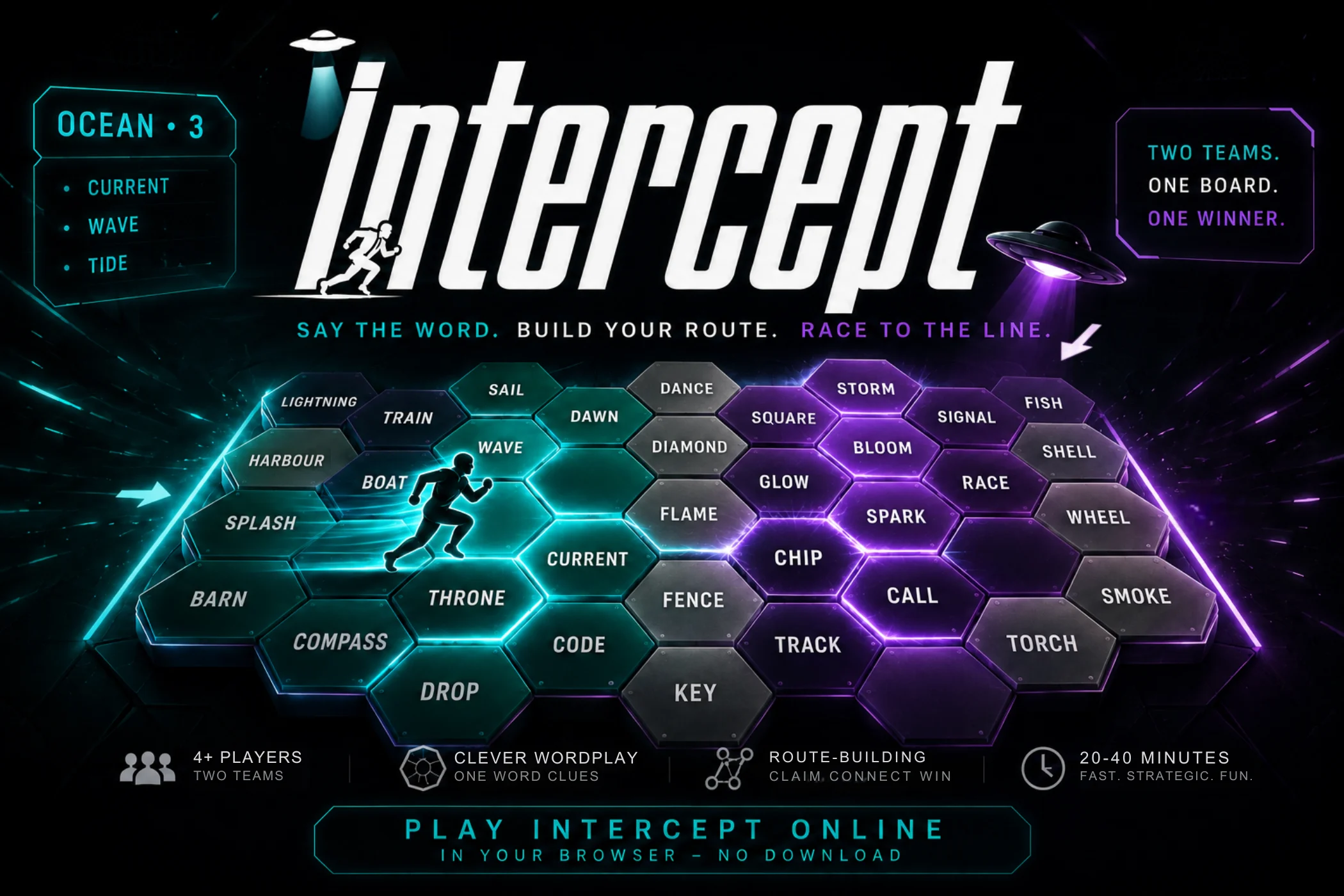 INTERCEPT: two teams race to connect routes across a glowing hex board.
